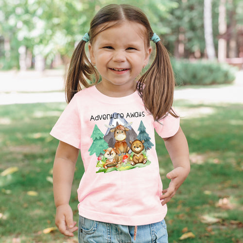 Toddler Adventure Awaits Mountain Moose Bear Chipmunk kids pink t-shirt