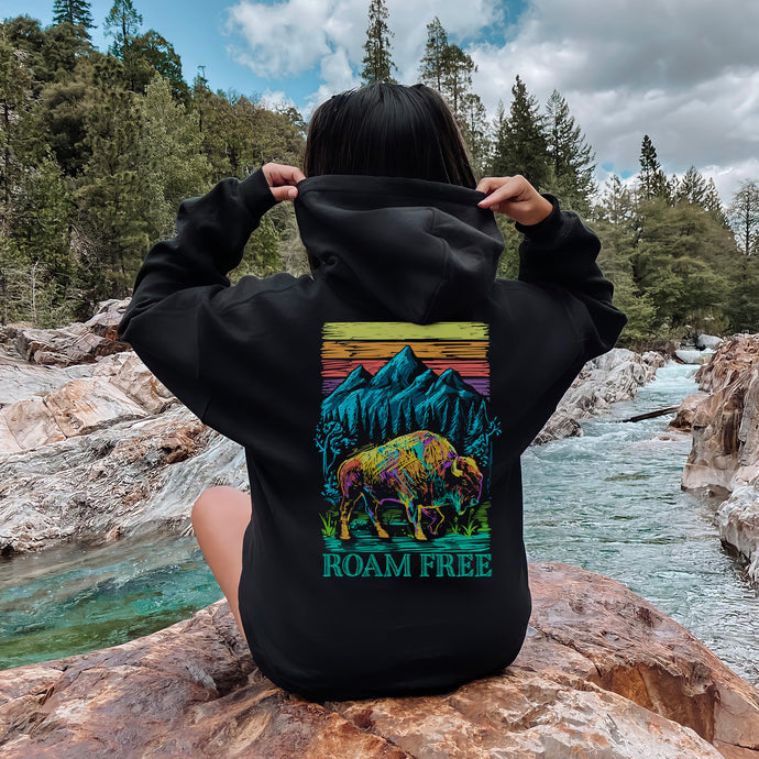Roam Free Colorful Buffalo Mountains hoodie