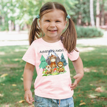 Load image into Gallery viewer, Toddler Adventure Awaits Mountain Moose Bear Chipmunk kids pink t-shirt