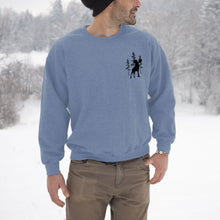 Load image into Gallery viewer, moose in lodgepole pine tree mens crewneck sweatshirt