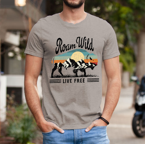 Roam Wild Live Free American Buffalo mens graphic t-shirt